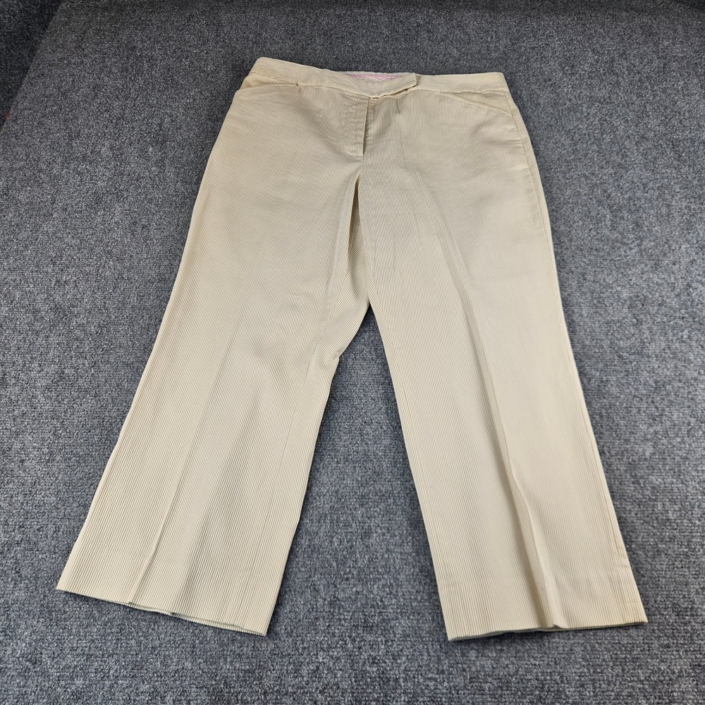 Lands End Tan White‎ Seersucker Striped Straight Leg Pants Womens 10 RN 62830